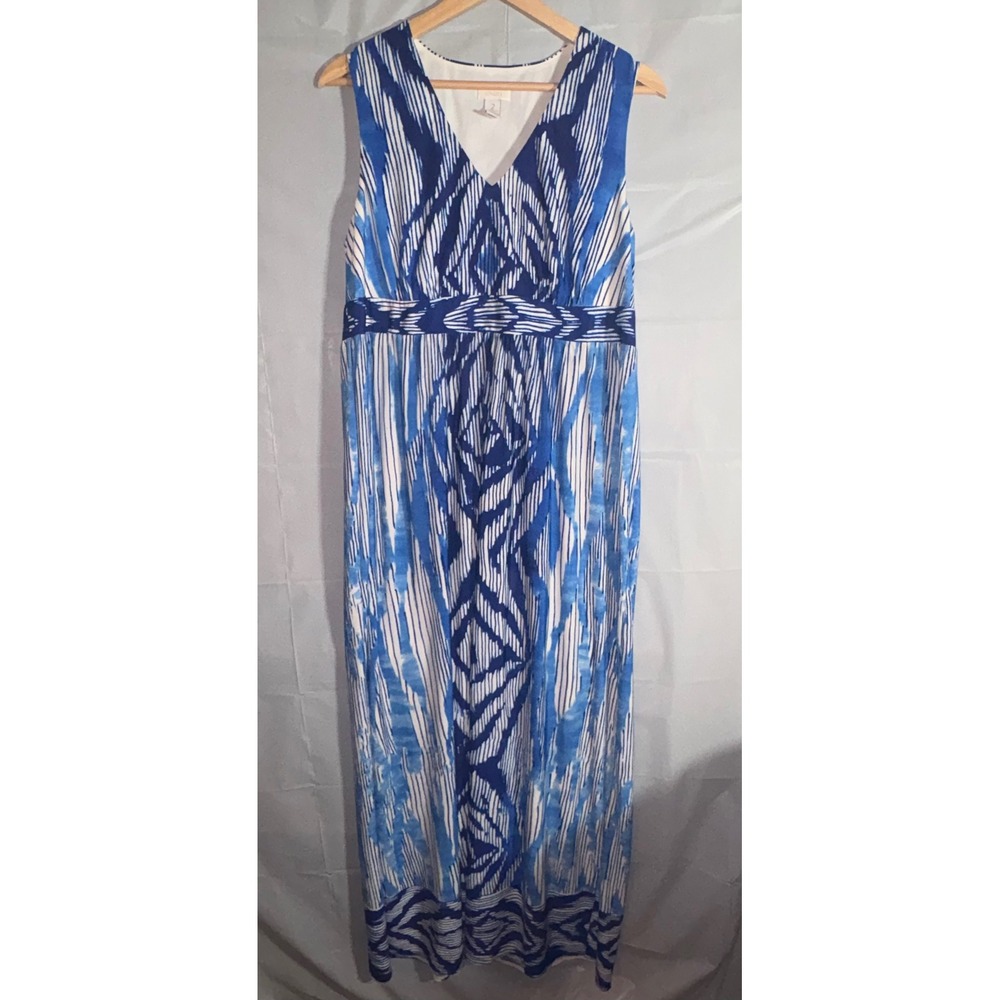 Chico's Maxi Dress Sz Large Blue White Ikat Geometric Sleeveless V-Neck Beach